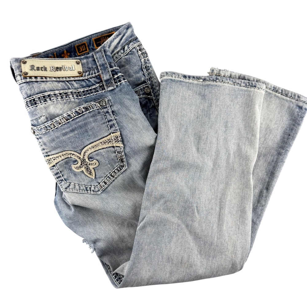 Rock Revival Ella Capri Jeans Light Wash Distressed Y2K Buckle Exclusive W32 Low